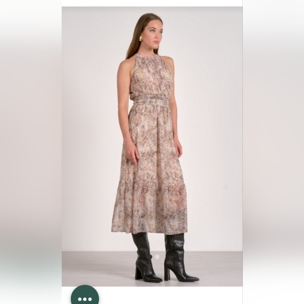 Elan Natural Snake Skin Halter Midi Dress Smocked Waist CFP50158 Small NWT